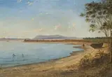 Mount Macedon From A Point Between St Kilda And Brighton by Eugene von Guerard, 1857, oil on paper on board, sold Aug 2007