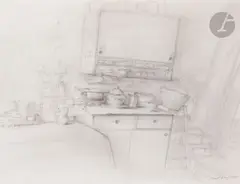 La Cuisine by Gérard Barthélémy, 1975, Fusain et crayon sur papier japon, sold Sep 2024
