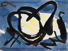 Composition by Gérard Ernest Schneider, 1964, Encre calligraphique bleue, encre de Chine et pastel sur papier, sold Sep 2024