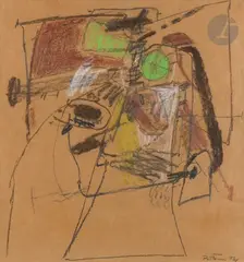 Composition by Albert Bitran, 1973, Pastel gras sur kraft, sold Sep 2024