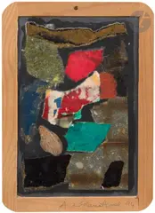 Composition by André-Pierre Arnal, 1994, Collage de papiers déchirés et feuille sur ardoise, sold Jun 2024