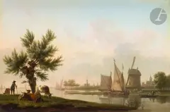 Jeune berger et son troupeau près du canal avec un moulin by Frans Swagers, Panneau de noyer filassé, sold Jun 2024