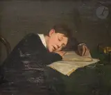 Jeune garçon endormi sur ses cahiers by Jacques Gustave Hamelin, Panneau, sold Jun 2024