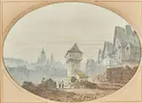 Personnages devant une ville médiévale by Eugène Ciceri, Gouache ovale, sold Apr 2021