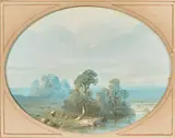 Paysage animé de personnages by Ernest Ciceri, Gouache ovale, sold Apr 2021