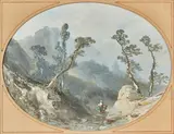 Paysage de montagne animé by Ernest Ciceri, Gouache ovale, sold Apr 2021