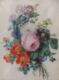 Jeté de fleurs avec roses et coquelicots et bleuets by Joséphine Coutance, Gouache sur vélin, sold Mar 2021