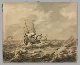 Bateaux sur une mer agitée. Restaurations au centre by Adrien van Salm, Panneau de chêne, une planche, non parqueté, sold Mar 2021