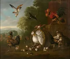 Scène de Basse-Cour: une couvée de poussins attaquée par un oiseau, avec une poule et un coq sur un fond de paysage by Pieter Casteels III, Toile, sold Mar 2021