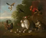 Scène de Basse-Cour: une couvée de poussins attaquée par un oiseau, avec une poule et un coq sur un fond de paysage by Pieter Casteels III, Toile, sold Mar 2021