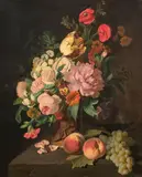 Bouquet de fleurs dans un vaseposé sur un entablement derrière deux pêches et une grappe de raisin by Auguste Malpertuy, Toile et châssis d'origine, sold Mar 2021