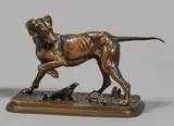 Braque à l'arrêt sur un lièvre by Ferdinand Pautrot, Bronze à patine brune, sold Feb 2021