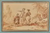 Campement militaire, deux cavaliers et un dignitaire oriental by Jean-Baptiste Le Prince, Lavis de sépia sur traits de crayon noir, sold Dec 2020
