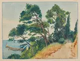 Le chemin des pins, surplombant la mer et le phare, Nice by Tony Minartz, Aquarelle, sold Nov 2020