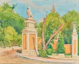 Lion sur un piédestal dans un parc, Côte d'Azur by Tony Minartz, Aquarelle, sold Nov 2020