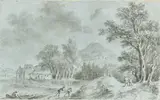Paysage avec une barque halée by Aignan-Thomas Desfriches, Gouache sur papier bistre, aiguille et crayon noir, sold Jun 2020