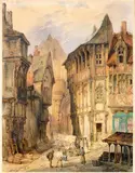 Vue présumée de la rue de la Pierre Percée à Orléans by Victor Petit, Aquarelle signée en bas à droite, sold Jan 2018