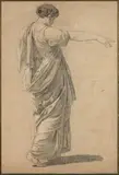 Femme drapée, vue en pied, de profil, tendant le bras droit by Joseph-Benoît Suvée, Pierre noire, traces de sanguine, sold Dec 2017