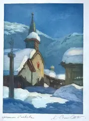 Chapelle du Tour à Argentière by Edgar Bouilllette, Aquatinte en couleur signée et annotée «épreuve d'artiste», sold Apr 2018
