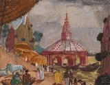 Vue d'un temple, Bénarès, Indes by André Maire, Fusain et gouache sur papier, sold Apr 2018