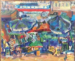 Scène de marché by Alfréd Réth, Technique mixte, huile et collage sur toile, sold Jun 2017