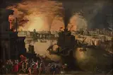 et David TENIERS le vieux (Anvers, 1582-1649) Paysage avec Enée et Anchise fuyant Troie en feu by Louis de Caullery, Panneau de chêne, deux planches, renforcé, sold Mar 2023