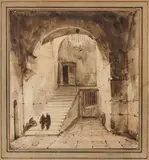 Vue animée d'un escalier dans un couvent by François Marius Granet, Lavis brun et lavis de sanguine sur traits de crayon noir, sold Mar 2023