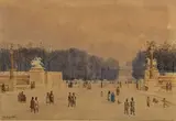 Entrée des jardins des Tuileries depuis la place de la Concorde by Théodore Jung, 1848, Crayon noir, aquarelle et gouache, sold Mar 2023