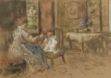 Mère donnant à manger à son enfant dans un intérieur by Ker-Xavier Roussel, Gouache signée en bas à droite, sold Jan 2023