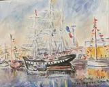 Le Belem au Havre (bateaux au port) by Yves Becon, Aquarelle, sold Dec 2022
