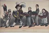 Planche n°299-300 de La Caricature Cortège du Commandant Général des Apothicaires, le prince Lancelot de Tricanule, à son entrée dans la chambre des Pairs by Charles Vernier, Lithographie coloriée, sold Dec 2023