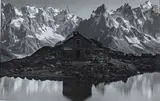 Le Lac Blanc (Chamonix), L'Aiguille Verte et les Drus, circa 1950 by Georges Rossat-Mignot, Tirage argentique, photomontage, portant le cachet humide du photographe agrémenté de la l, sold Dec 2023