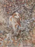 Chien d'arrêt tenant une bécasse dans sa gueule by Roger Reboussin, Aquarelle signée, sold Jun 2020