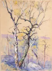 Étude d'arbre forêt de Fontainebleau by Édouard Doigneau, Aquarelle et gouache, sold Dec 2022