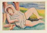 Sur la plage à Saint Tropez by Pierre Belay, Gouache vernie, sold Jun 2022