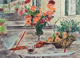 Nature morte au bouquet et panier de pêches by André Dunoyer de Segonzac, Aquarelle gouachée sur traits d'encre, sold Jun 2022