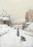 Enfants jouant dans la neige by Luigi Loir, Gouache, sold Jun 2022