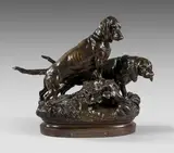 Deux bassets à l'affût by Prosper Lecourtier, Épreuve en bronze patiné, sold Jun 2022