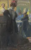 Élégantes dans un café by Louis Fortuney, Pastel, sold Oct 2022