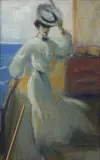 Élégante retenant son chapeau sur le pont d'un voilier by Louis Fortuney, Pastel, sold Oct 2022