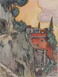 Rome Roche tarpejenne by Ferdinand Bac, 1910, Encre et crayons de couleurs sur papier contrecollé sur carton, sold Oct 2022