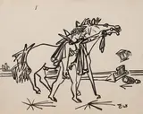 Cavaliers et Polynice, 1948/49 by Michel Cadoret, Gouache et encre sur papier, sold Oct 2022