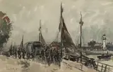 Honfleur, débarquement des poissons by Fernand Herbo, Aquarelle sur papier, sold May 2022