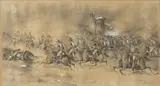 Charge de Dragons devant un moulin by Édouard Detaille, 1865, Crayon et rehauts de gouache blanche, sold May 2022