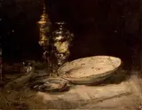 Nature morte aux pièces d'orfèvrerie by Antoine Vollon, Panneau, une planche, non parqueté, sold Jun 2017