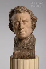 Portrait en buste de Chopin au jabot by Victor Demanet, Épreuve en terre cuite signée, sold Jan 2023