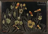 Ignicolores dans les cactées en fleurs by Gaston Suisse, Panneau de laque polychrome gravé sur fond de laque noire, sold Oct 2022