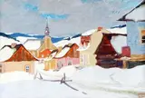 Village des Laurentides sous la neige by Clarence Gagnon, Gouache sur papier Tampon de l'atelier Gagnon en bas à droite Provenance: Collection de Mm, sold Dec 2020