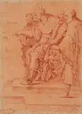 Étude d'un roi sur son trône : Salomon ? by Luca Giordano, Sanguine et rehauts de craie blanche sur papier préparé au lavis de sanguine, sold Jun 2019