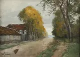 Chemin bordé d'arbres et entrée de propriété by Henri Jourdain, Toile signée en bas à gauche, sold Jun 2019